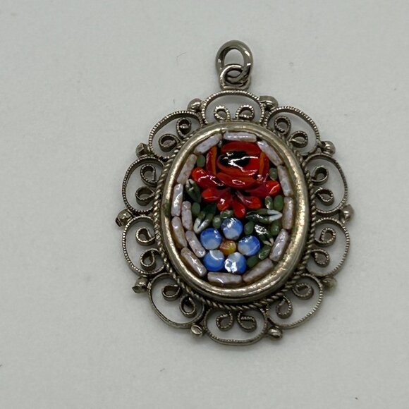 Vintage Italian Micro Mosaic Oval Pendant With Filigree Detailing Floral Design - Picture 11 of 14